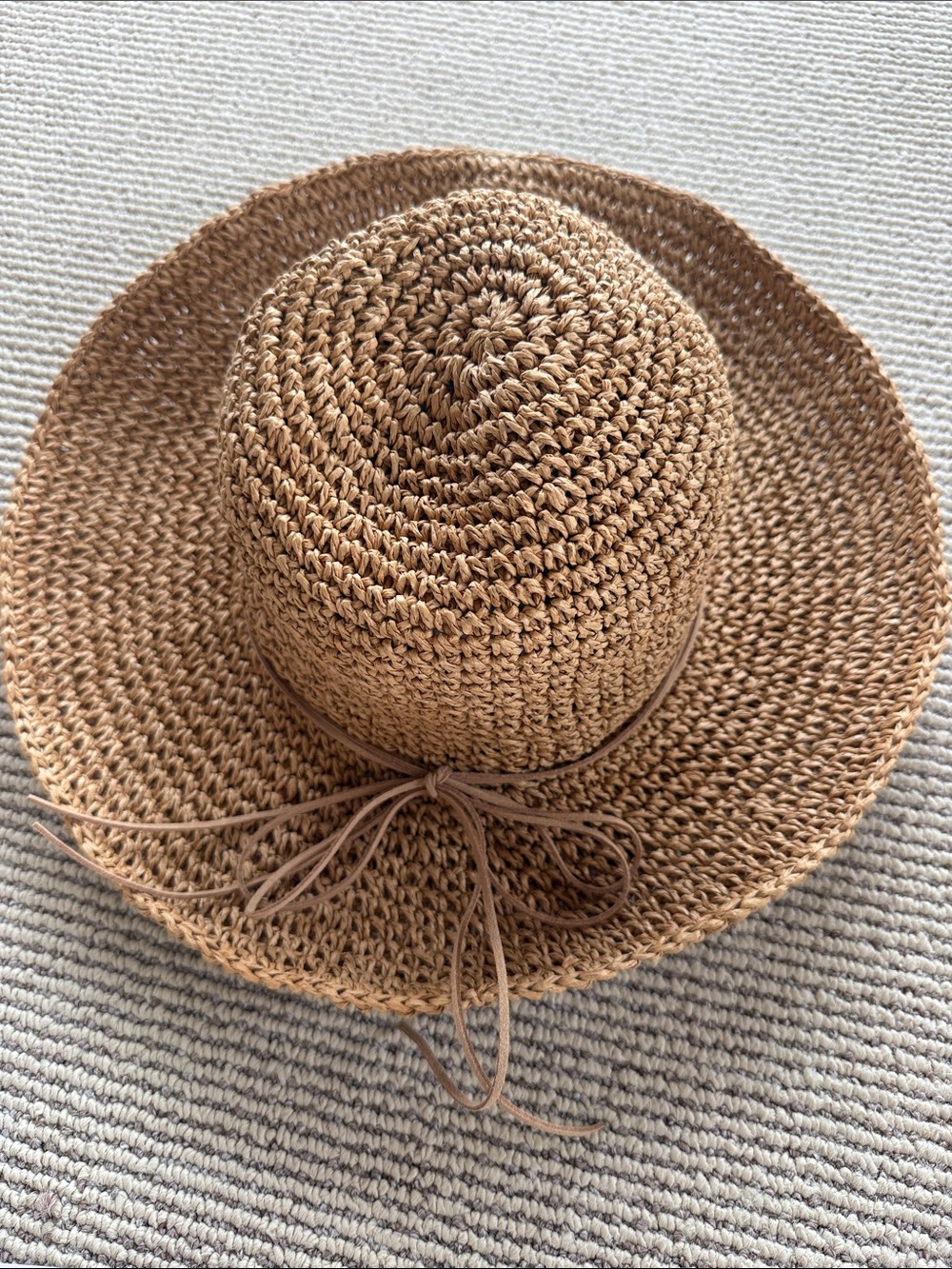 Women’s Tan Crochet Straw Sun Hat with Tie Band